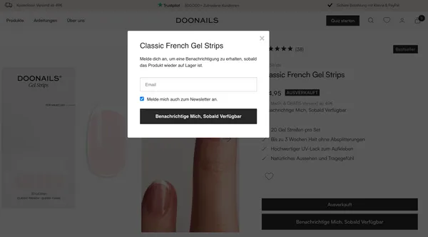 Notify me Erinnerung bei ausverkauftem Produkt bei doonails.com