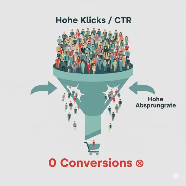 Infografik: Trichter zeigt, wie 'Hohe Klicks / CTR' durch eine 'Hohe Absprungrate' zu '0 Conversions' führen.