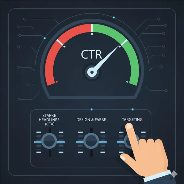 Alt-Text: Infografik: Hand optimiert CTR auf einem Dashboard. Regler für 'Starke Headlines', 'Design & Farbe' und 'Targeting' werden justiert.
