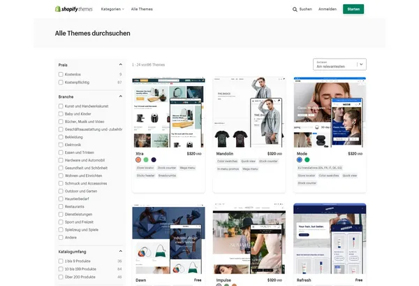 Übersicht des Shopify Theme Stores