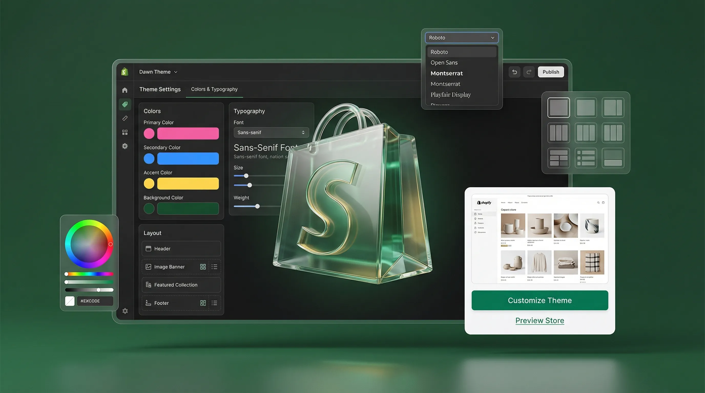 Shopify Theme Editor mit Dawn Theme Customization Panel und Theme Preview