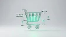 3D Illustration eines Warenkorbs mit Upselling-Elementen und Produkt-Bundles