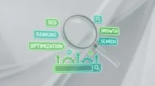 3D Illustration einer Lupe mit SEO-Keywords und Ranking-Elementen