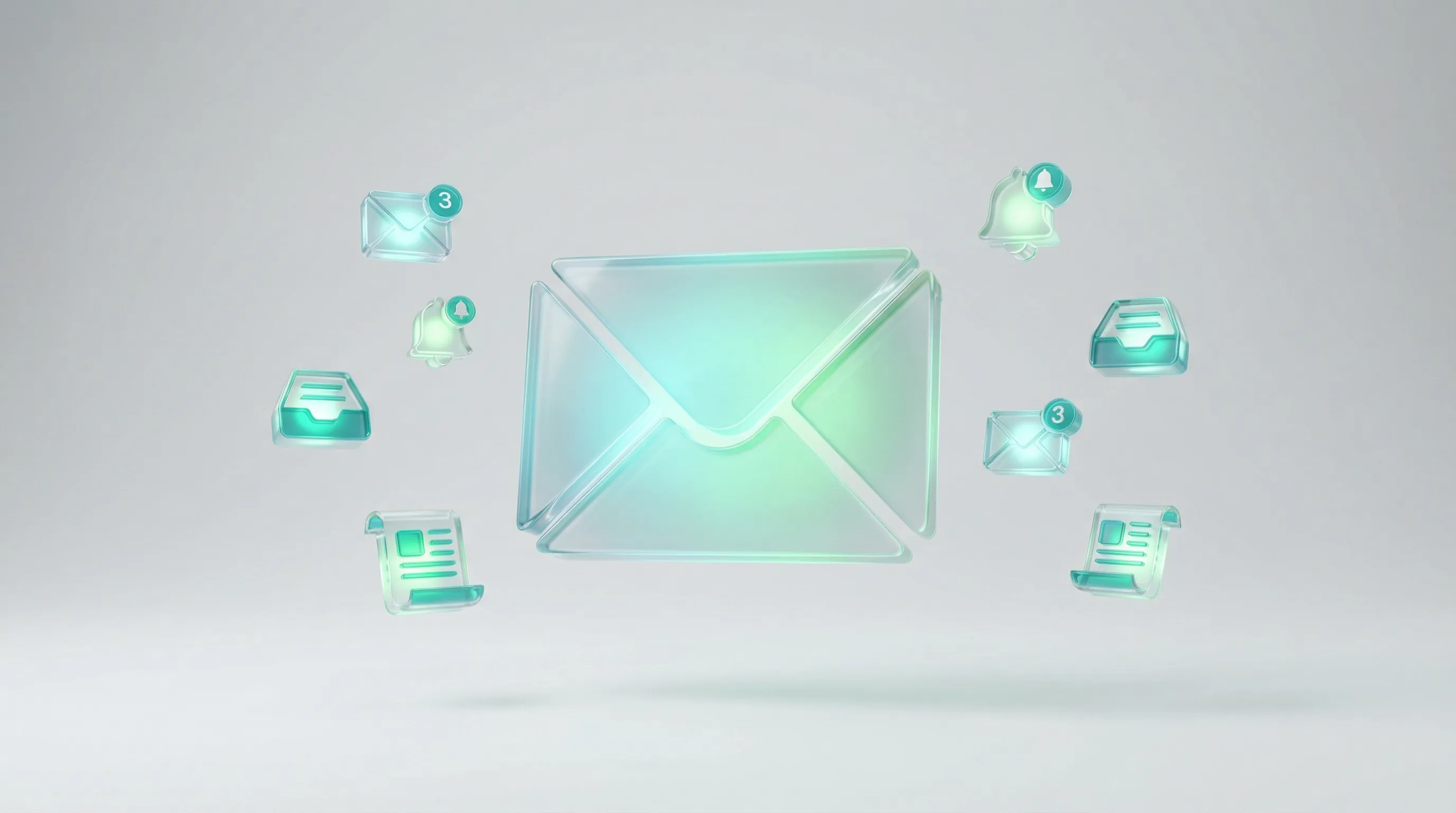 3D Illustration eines E-Mail-Umschlags mit Newsletter- und Benachrichtigungs-Elementen