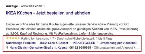 Beispiel von Google Ads Anzeigenerweiterungen