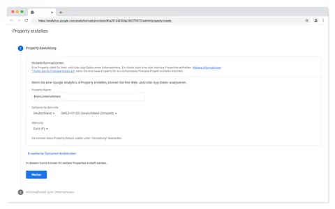 Kontoeinrichtung bei Google Analytics - Eingabe der Kontodetails 
