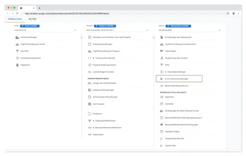 E-Commerce-Einstellungen bei Google Analytics