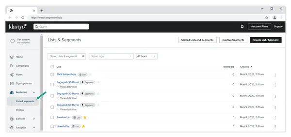 Listen & Segments auf Klaviyo