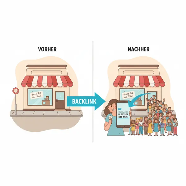 Illustration: Vorher-Nachher einer Eisdiele. Ein Backlink im Stadtmagazin führt zu langem Schlangestehen und Erfolg.