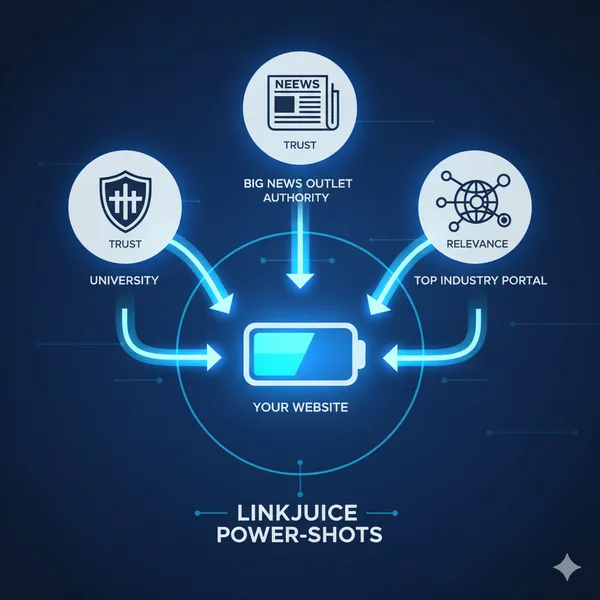 Infografik: Linkjuice fließt von Universitäten, Nachrichten und Fachportalen als Power-Shot zu deiner Website (Batterie).