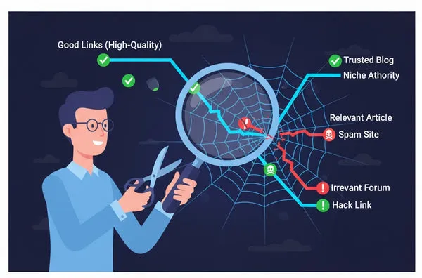 Illustration: SEO-Experte prüft Spinnennetz mit Lupe. Gute Links (grün) werden behalten, schlechte (rot) abgeschnitten.