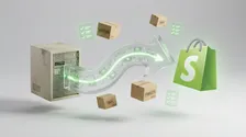 Grafik einer Shopify Migration: Ein Pfeil, der den Umzug von Daten symbolisiert, zeigt auf eine Shopify-Einkaufstasche.