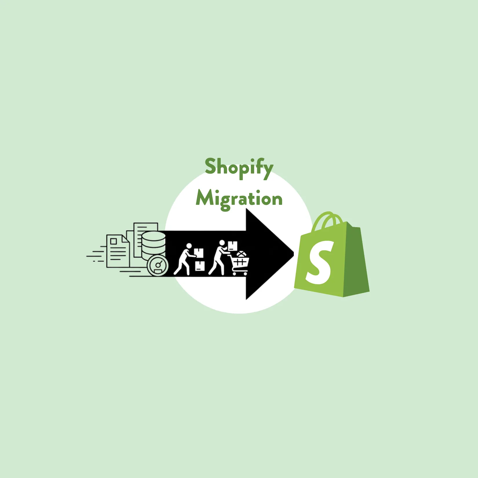 Grafik einer Shopify Migration: Ein Pfeil, der den Umzug von Daten symbolisiert, zeigt auf eine Shopify-Einkaufstasche.
