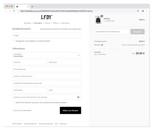 Checkout des LFDY Onlineshops