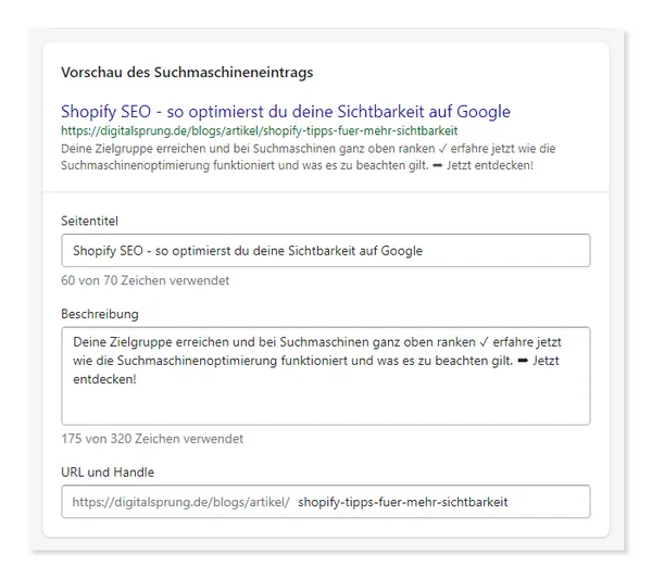 Suchmaschineneintrag bei Shopify