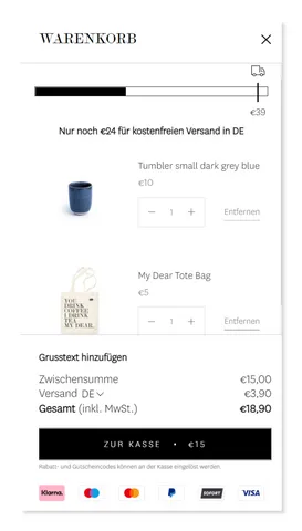 Screenshot des Warenkorbs von Paper & Tea