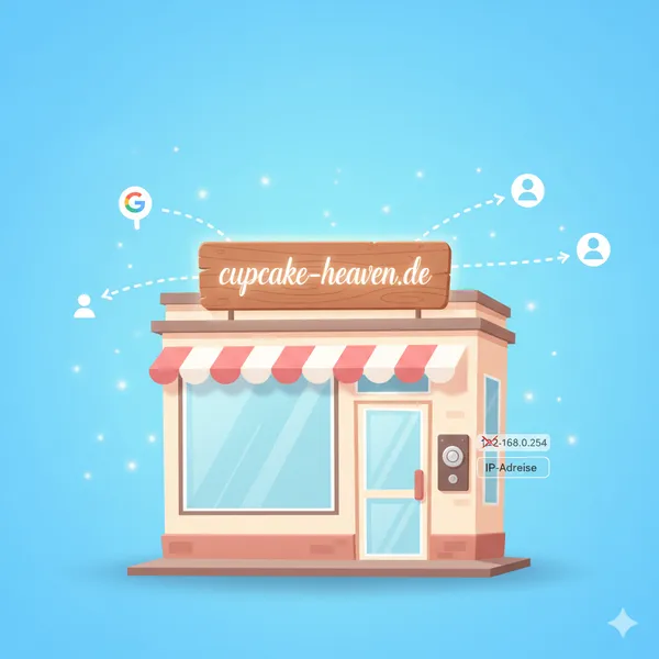 Eine Domain als digitales Haus, das eine IP-Adresse in einen Namen wie 'cupcake-heaven.de' übersetzt