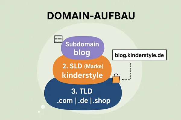 Grafik zum Domain-Aufbau: Eine Pyramide zeigt die Schichten Subdomain, SLD (Marke) und TLD (Domainendung)