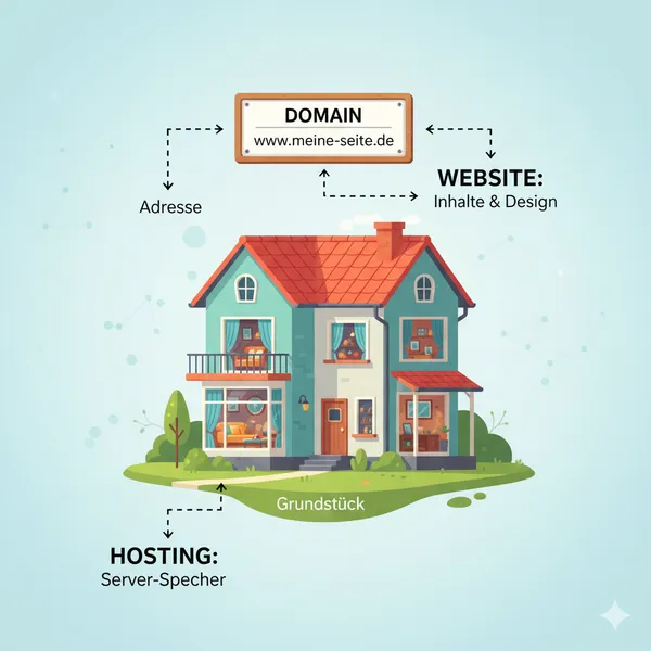 Metapher für eine Website: Die Domain ist die Adresse, das Hosting das Grundstück und die Website das Haus.