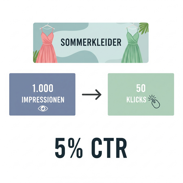 Infografik: Banner "Sommerkleider" zeigt 1000 Impressionen, 50 Klicks und berechnet eine CTR von 5%.