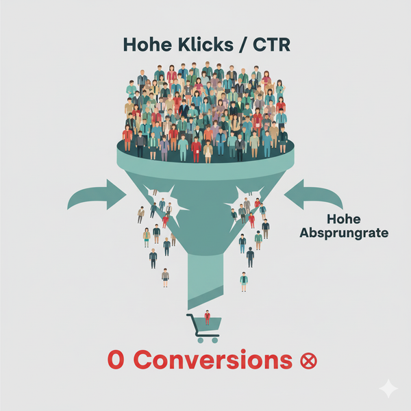 Infografik: Trichter zeigt, wie "Hohe Klicks / CTR" durch eine "Hohe Absprungrate" zu "0 Conversions" führen.