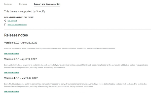 Sektion "Support and Documentation" von Shopify Themes
