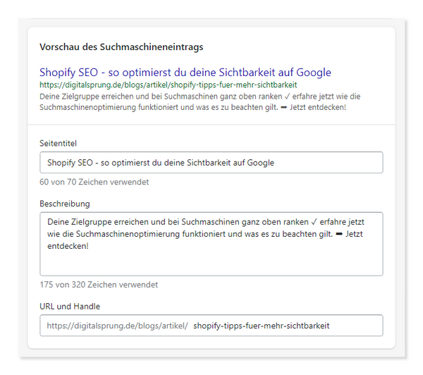 Suchmaschineneintrag hinterlegen bei Shopify