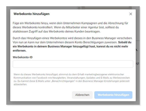 Hinzufügen eines Werbekontos auf Facebook