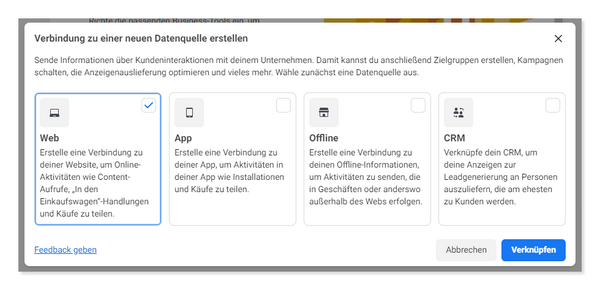 Wahl der Datenquelle - Facebook Pixel