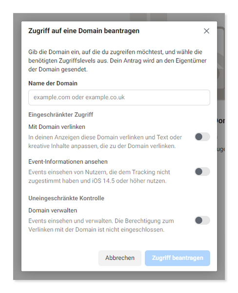Beantragung des Domain Zugriffs für Facebook Pixel