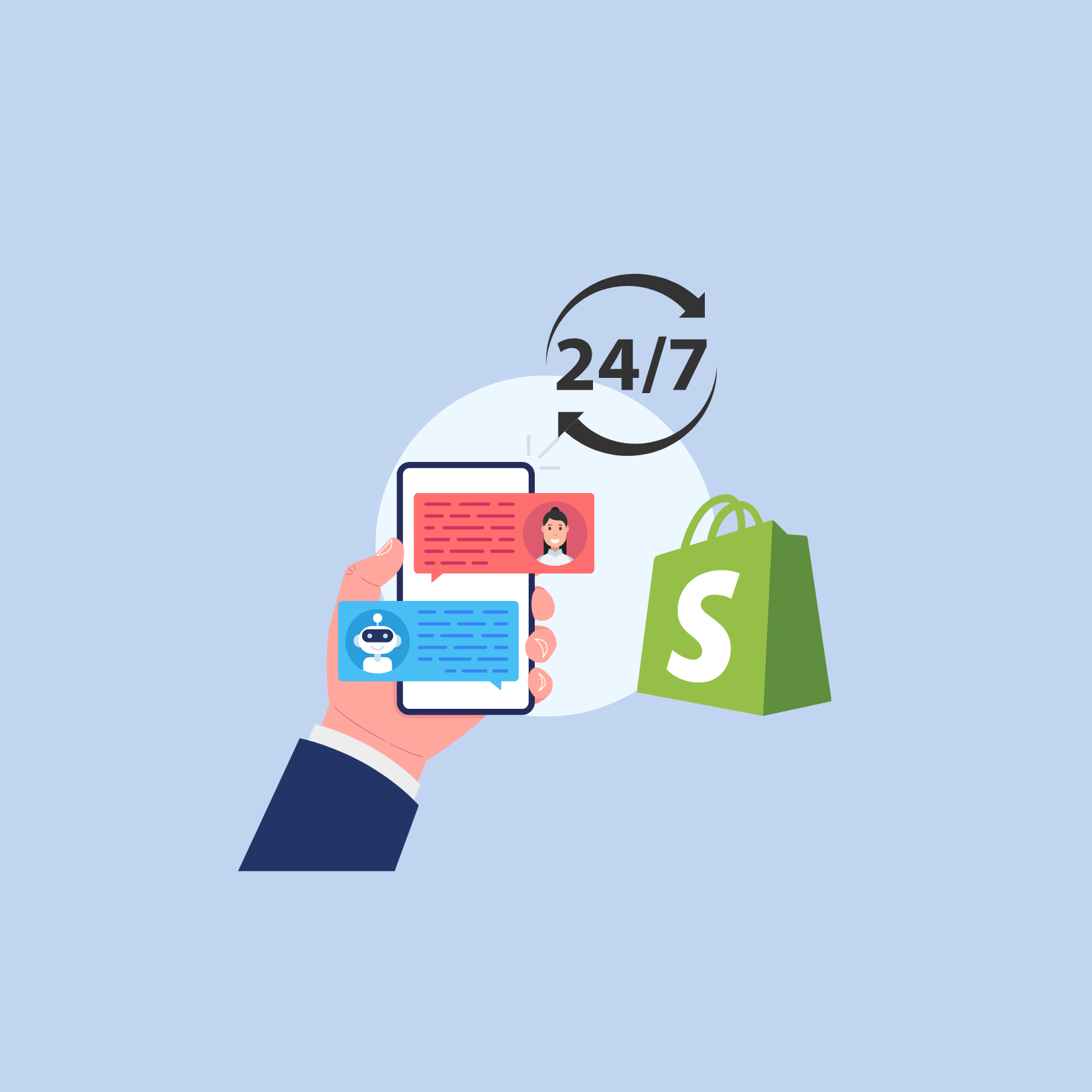 Eine Hand hält ein Smartphone mit einer Chatbot-Konversation, daneben eine Shopify-Einkaufstasche und ein 24/7-Symbol.